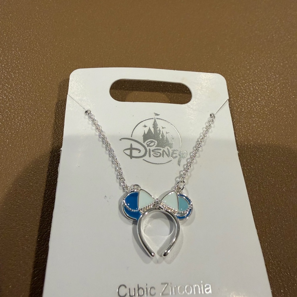 Disney Cinderella ears Silver Necklace with Blue and White Bow